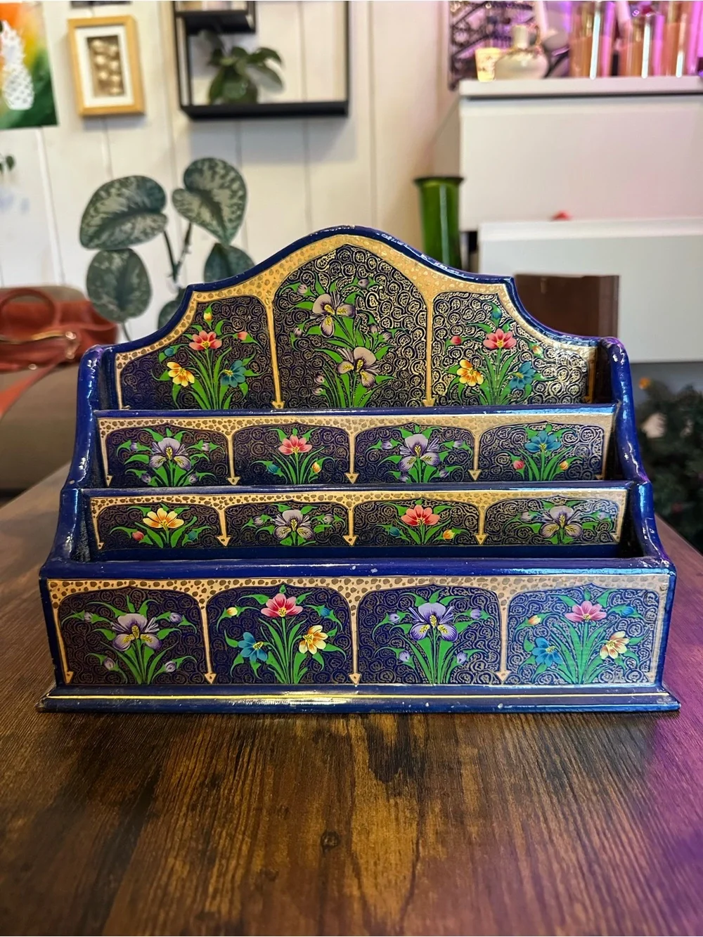 Hand-Painted Floral Wooden Desk Organizer - Blue & Gold